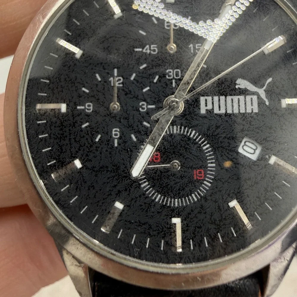 Puma Chronograph Watch Black Silver Leather Strap Date Sport Mens 7.5in